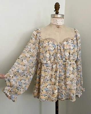 Whiteroom & Cactus White Blue Floral Chiffon Babydoll Blouse SZ 3XL Milkmaid - Image 1 of 4