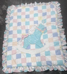 VTG Pastel Baby Girl Kawaii Rocking Horse Ruffle Quilt Comforter Blanket - Picture 1 of 5