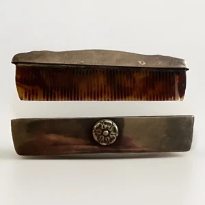 Antiker Schildpatt Kamm Sterlingsilber Blumen Etui Kosmetik Pflege - Bild 1 von 4