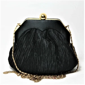 LA REGALE PLEATED SATIN MINI FRAME BAG SMALL BLACK PURSE GOLD CHAIN - Picture 1 of 8