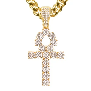 Iced Out Burst Ankh Cross Pendant Cuban Chain Gold Silver Tone Hip Hop CPB 716 - Picture 1 of 10