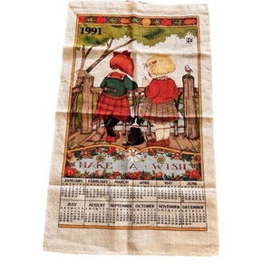 Retro Mary Engelbreit Leinen Wandkalender Geschirrtuch 1991 "Make A Wish" EUC - Bild 1 von 4