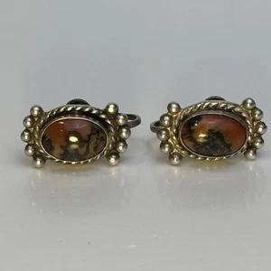 1950s Sterling Screw-Back Earrings with Brown Jasper Black Veins Cabochons - Picture 1 of 6