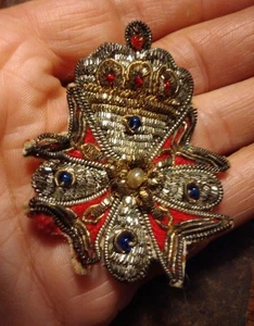 ¿Antiguo de colección? Broche broche corona terciopelo tela con cuentas bordado hilo alambre plata - Imagen 1 de 7
