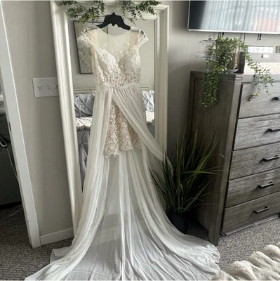 NEW!!! Custom Made Ivory Sheer Hi-lo Wedding Gown W/ Mini Dress SZ XS - Image 1 of 4