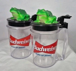 2 Vintage Budweiser Beer Talking Frog on Lid Plastic Stein Mug Cup ~ Tested - Picture 1 of 1