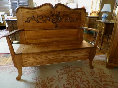 Antique Oak Bench ornate carvings #2 lift seat storage 53" long refinished - Image 1 of 4