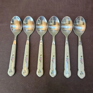 Pfaltzgraff TEA ROSE Stainless Flatware Plastic Handle; 6 ¾” Teaspoons Lot of 6 - Picture 1 of 16