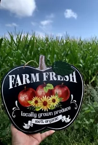 Wooden "FARM FRESH" Apples Hanging Sign w/ Jute Rope Sign Wooden Hanging Porch - Picture 1 of 13