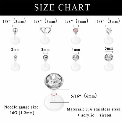 20Pcs 16G Clear Labret Stud Cartilage Monroe Piercing Tragus Earrings Lip Ring - Image 1 of 4