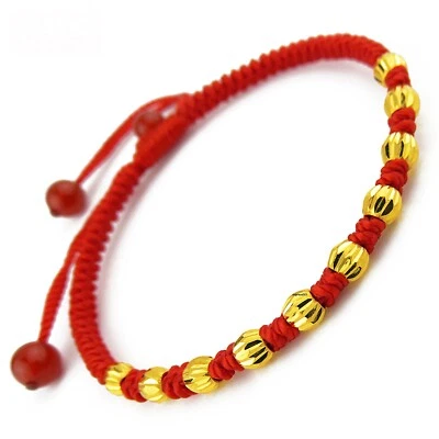 Pure 999 24k Yellow Gold 4mm Bead Women Red Cord String Braided Bracelet 0.1g*10 - Image 1 of 4