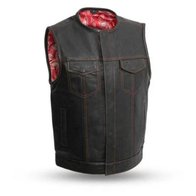 Men's Leather Vest with Red Stitching and Red & White Paisley (BANDIT) 3XL — 第 1/3 张图片