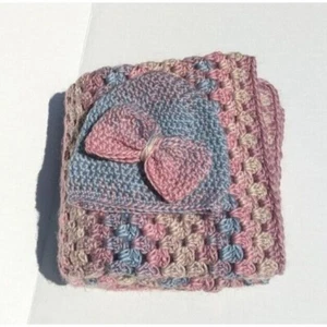 Handmade Baby Blanket and Hat Pink Granny Square Lovey Crib Stroller Lap Shower - Picture 1 of 3