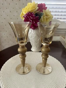 Bombay Glass Made In Poland Goblet Gold Amber Wine Champagne 10” Set Of 2 - Picture 1 of 12