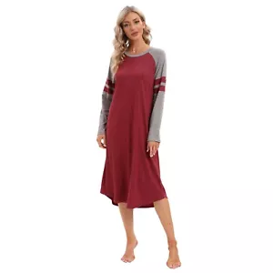 Women's Long Sleeve Loose Nightgown Sleepwear Full Length Sleepshirt USA - Picture 1 of 18