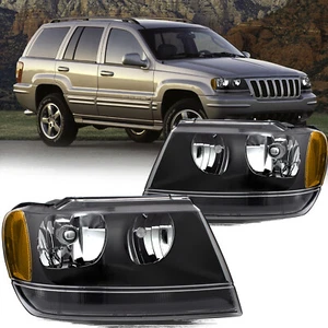 For 1999-2004 Jeep Grand Cherokee Black Headlights Lamp Pair Front Left + Right - Picture 1 of 6