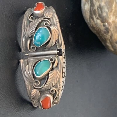 Turquesa y Coral Vintage Navajo Plata Esterlina Antiguo Peón Reloj Puntas Banda 11931 Foto 1 de 4