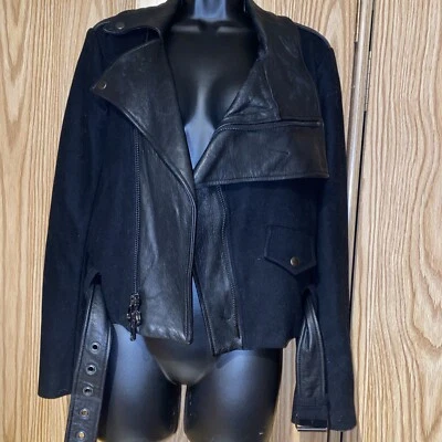 Chaqueta de Motociclista Donna Karan Hecha en Italia Cuero/Lana Talla 8 Foto 1 de 4