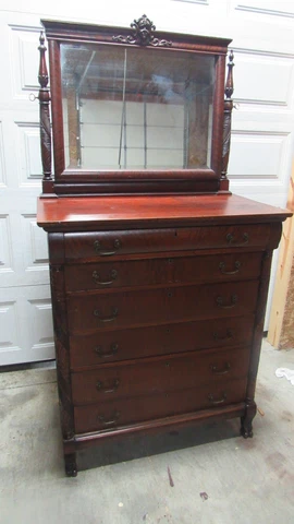 Antique Chest of Drawers Mirror Carved Heads Mahogany Cover