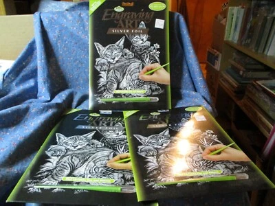 3 NIP Royal & Langnickel Engraving Art Silver Foil SILF13-Tabby Cat and Kittens - image 1 of 2