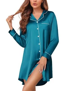 Women's Satin Nightgown Button Down Short Sleeve Sleepwear Pajama Dress S-XXL - Picture 1 of 5