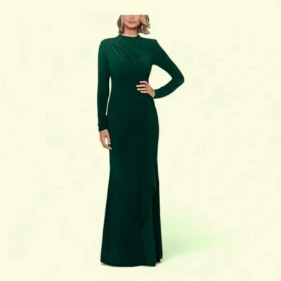Betsy & Adam Pine Green Side Ruffle Long Sleeve Jersey Gown Size 16 $209 - Image 1 of 2