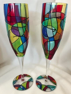 Royal Danube Colorful Mosaic Stained Glass Pair 10.25" Champagne Flutes, Romania - Picture 1 of 12