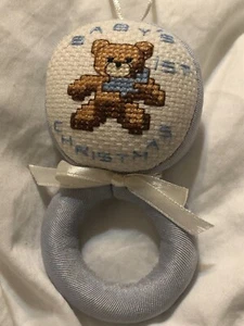 Baby's 1st Christmas Ornament Plush Rattle Toy Hand Made Cross Stitch Blue Boy - Picture 1 of 10