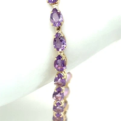 14k 黄金梨形 9 克拉 Tw 紫水晶网球手链 8 英寸 - 6.1 克 — 第 1/4 张图片