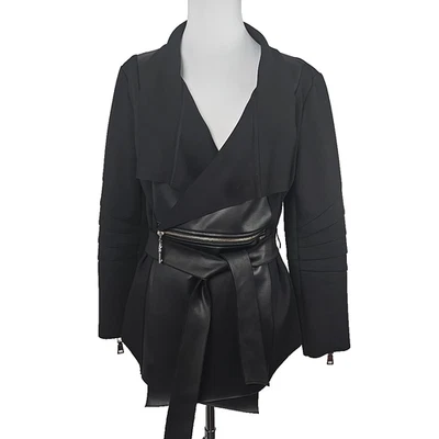 Chaqueta Ravel Negra con Cremallera Acento Ponte Tejida Imitación Cuero Cinturón Talla XS Foto 1 de 4