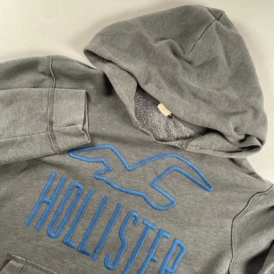 Hollister 连帽衫男式灰色蓝色标志刺绣套衫运动衫大号 — 第 1/4 张图片