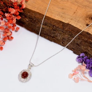Carnelian Zircon Gemstone 925 Sterling Silver Pendant Necklace 19" w566 - Picture 1 of 6