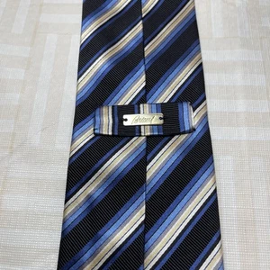 Brioni Tie Black Blue Gold Diagonal Striped Regimental Designer Silk Blend - Picture 1 of 6