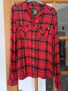 Superdry Women's Red Checked Gold Thread Flannel Shirt Size 8 Super Soft - Picture 1 of 8