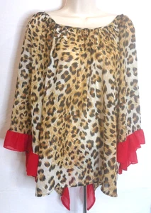 Cezanne Women's Small Oversized Leopard and Red Ruffle Cape Blouse Open Back - Picture 1 of 8