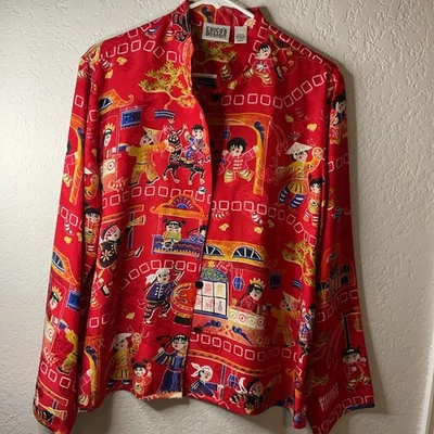 Blusa de seda vintage con diseño Chicos para damas talla 2 mediana roja abotonada arte asiático usada en excelente estado Foto 1 de 4