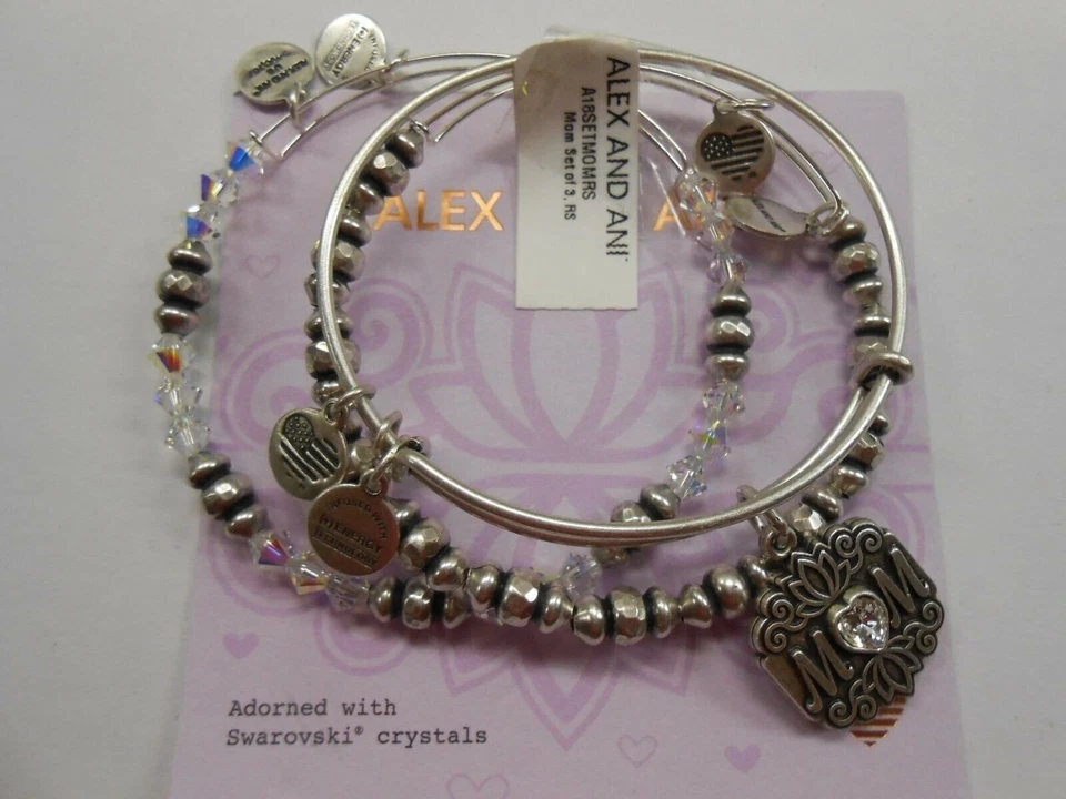 Alex and Ani Mom Set of Three Bangle Bracelets Rafaelian Silver A18SETMOMRS