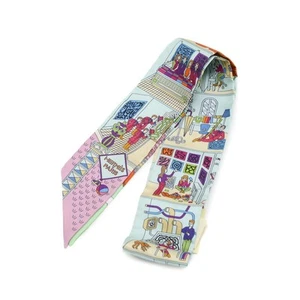 HERMES Twilly Schal 100% Seide LA MAISON DESCARRES hellblau grün mit Karton R8428 - Bild 1 von 3