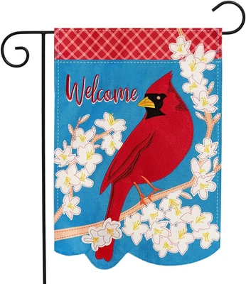 Spring Cardinal Welcome Burlap Garden Flag Floral 12.5" X 18" - Image 1 of 4