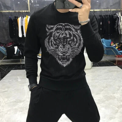 New Fashion Tiger Rhinestones Winter Warm Hoodie Men Luxury Sweatshirt Pullover - Image 1 of 4