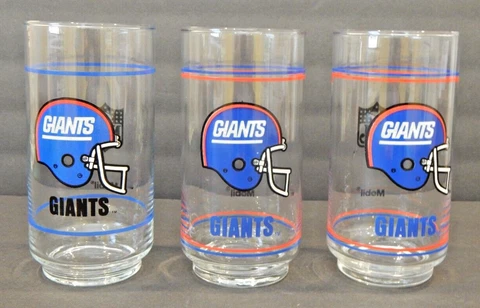 VINTAGE Set of 3 New York Giants NFL 16oz Glass Tumbler Cups Mobil Promo Libbey Cover