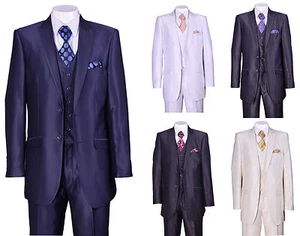 Men's 2 Button Solid Wool Feel Sharkskin Slim Fit Suits With Vest & Pants 5702V2 - Picture 1 of 8