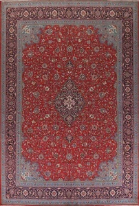 Tappeto vintage rosso/blu navy Sarouk 10x13 piedi annodato a mano floreale grande - Foto 1 di 12