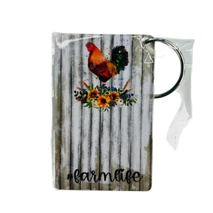 Keychain "Farm Life" Rooster Sunflowers Country Double Sided Plastic Card 3"x2" - Picture 1 of 1