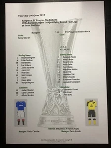 2017-18 Rangers v Progres Neiderkorn Europa League matchsheet - Picture 1 of 1