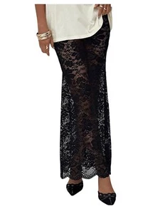 Women's Floral Lace Sheer Maxi Skirt Bodycon Party Long Skirts Black Medium - Picture 1 of 5