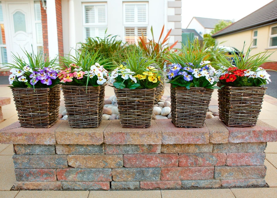 Best Artificial Pansy Flower Rattan Basket Planter Outdoor Garden Wicker Pot