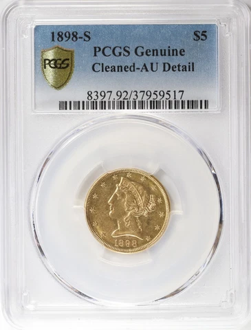 1898-S $5 Dollar Gold Liberty Half Eagle Pre-1933 US Gold PCGS AU Detail $5 Cover