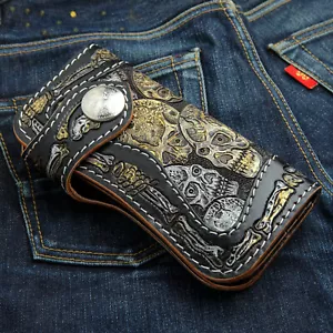 SKELETON SKULL CROSS GENUINE LEATHER BIKER ROCK WALLET NEW REAL COWHIDE CHAIN - Picture 1 of 7