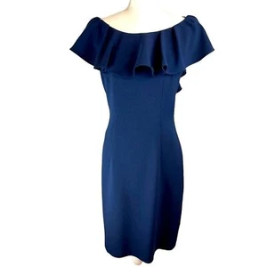 ELIZA J Blue Ruffle Sheath Dress Sz 6 Lace Sleeveless Party Wedding Guest Shower - Picture 1 of 16